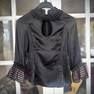 Aysha Saeed Silk Blouse Top Black Eyelet Ruffled Sleeve Sz. M